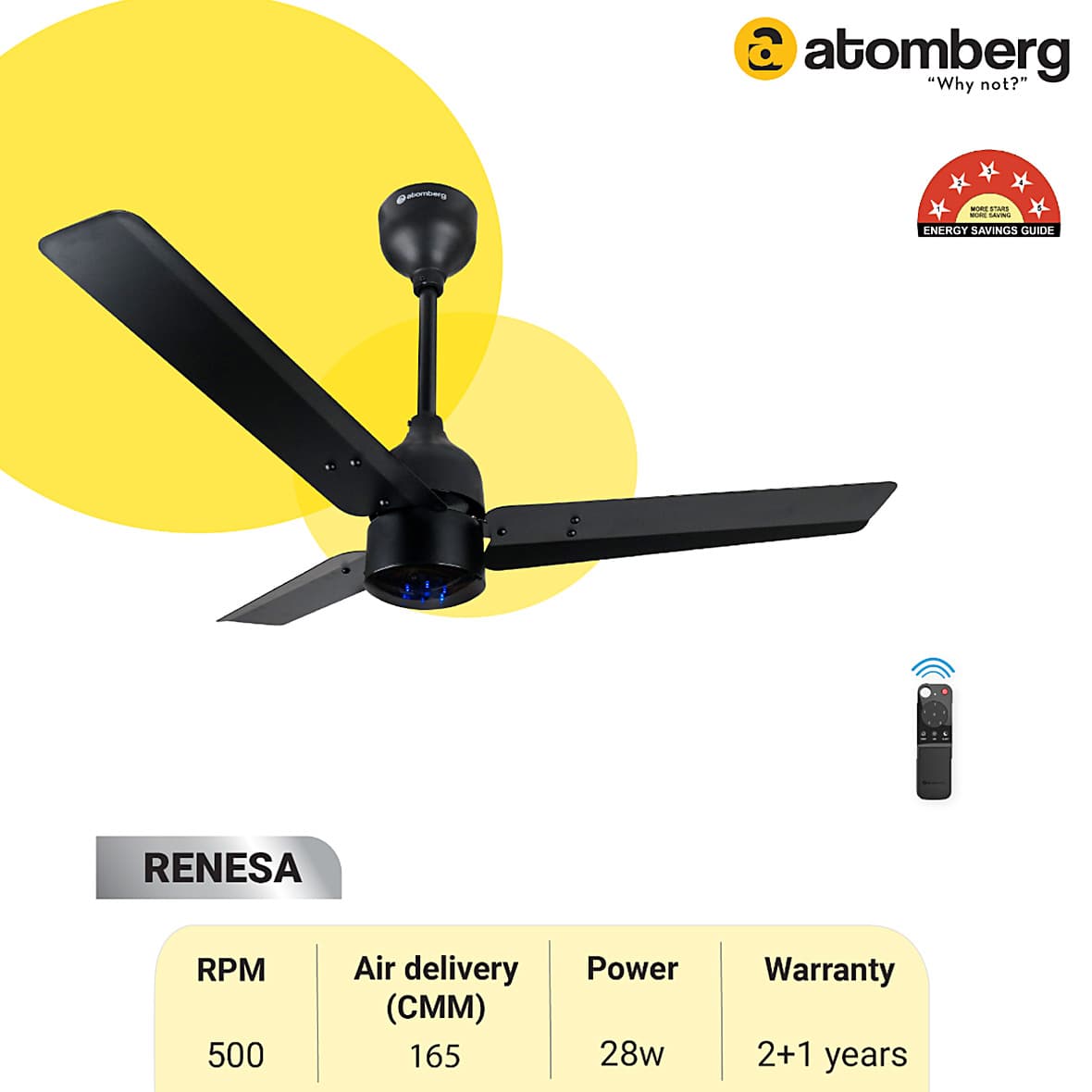 Atomberg Renesa 900 mm Energy Efficient Ceiling Fan With BLDC Motor & Remote (Matt Black)