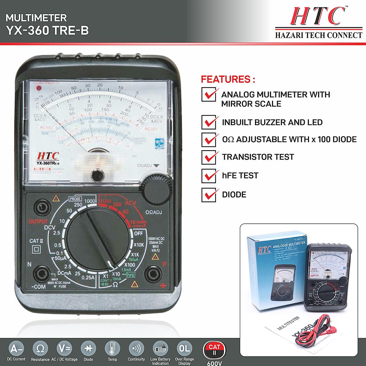 HTC 0.1mV - 1000V Analog Multimeter With Mirror Scale, 360 TREB