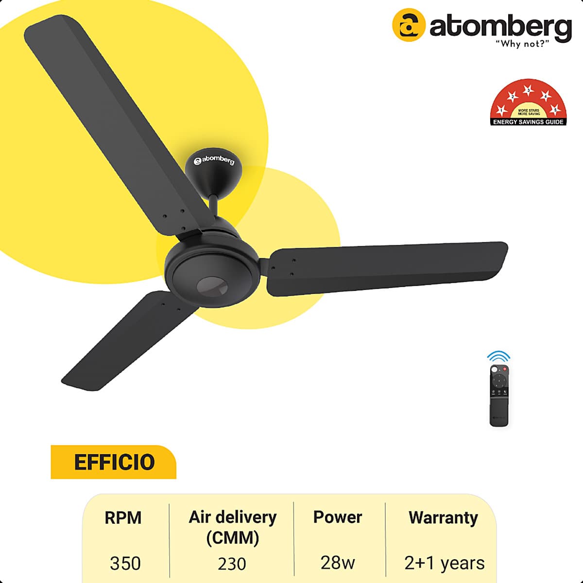 Atomberg Efficio 1200 mm Energy Efficient Ceiling Fan With BLDC Motor & Remote (Matt Black)