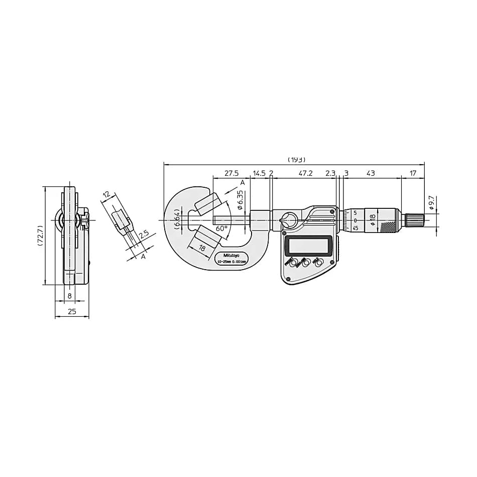 Mitutoyo 0.4 - 1 inch Digital V-Anvil Micrometer with Groove (3 Flute), 314-352-30