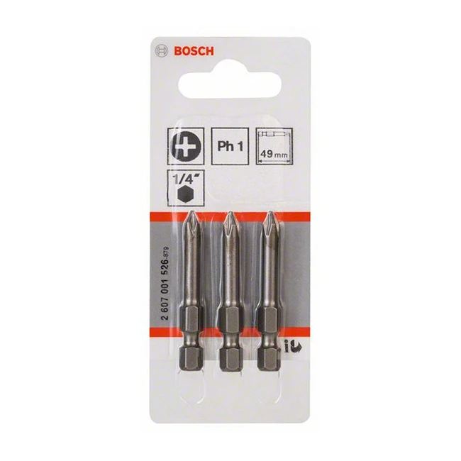 Bosch PH1 x 49 mm Length Phillips Extra Hard Screwdriver Bits (Pack of 3 Pcs), 2 607 001 526