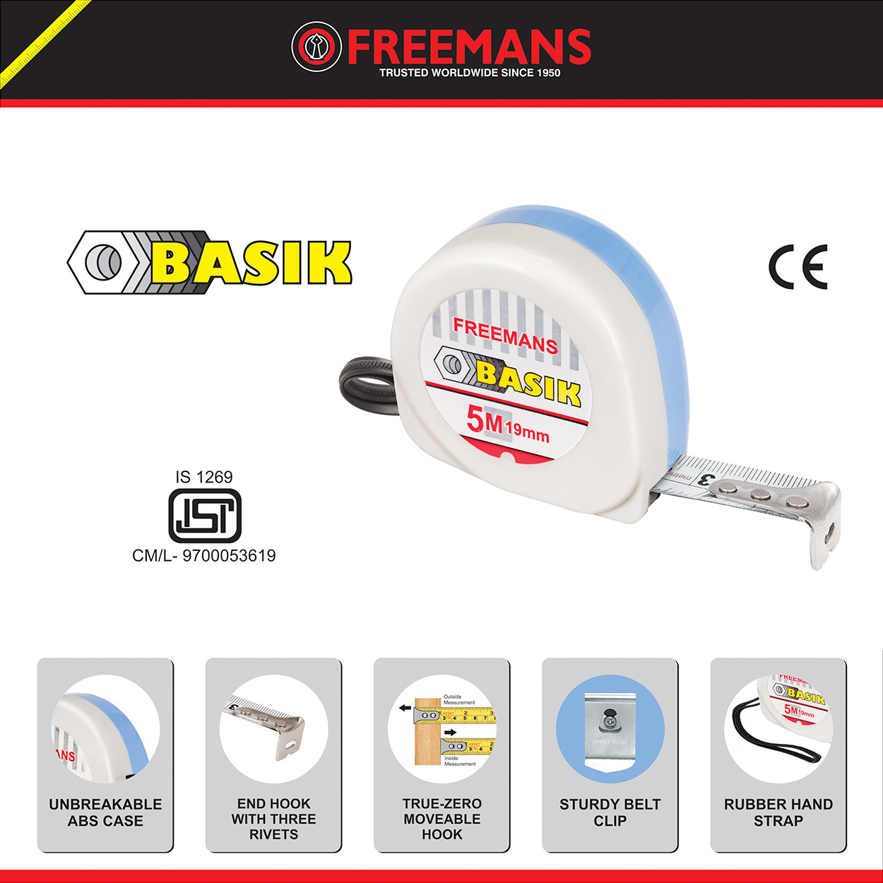 Freemans 5Mtr x 19mm Basik Steel Tape With Belt Clip, BKC519