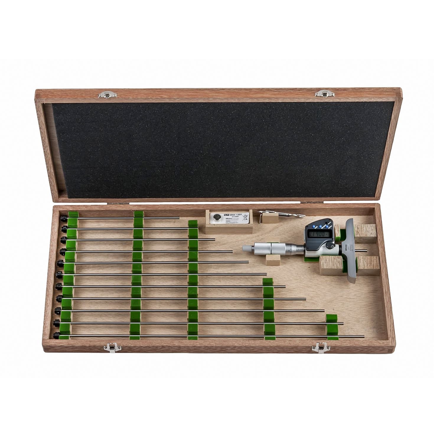 Mitutoyo 12 inch / 304.8 mm Digital Depth Micrometer with 12 Pcs Interchangeable Rods (4 inch Base Width), 329-351-30