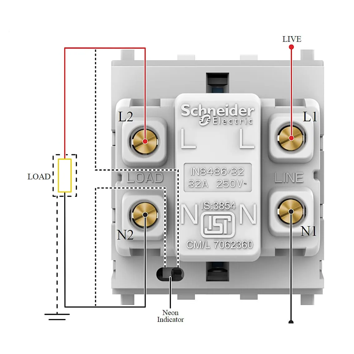 Schneider Electric Zencelo 32 Amp 2 Module DP Switch With Neon - White (Pack of 5 Pcs), IN8486/32