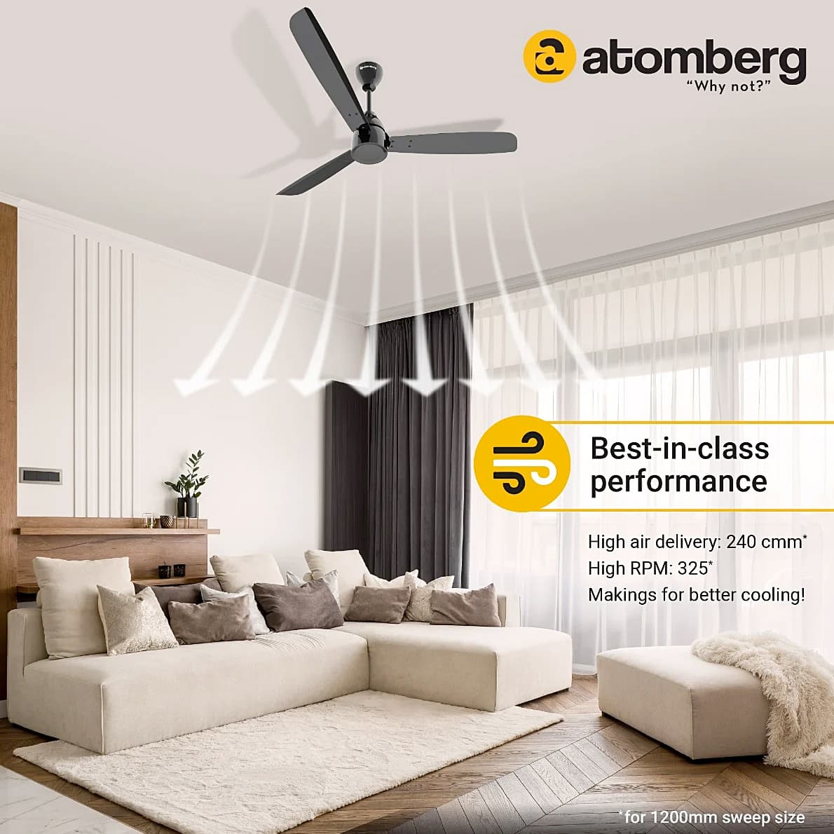 Atomberg Renesa Alpha 1200 mm BLDC Motor 3 Blade Ceiling Fan (Black)