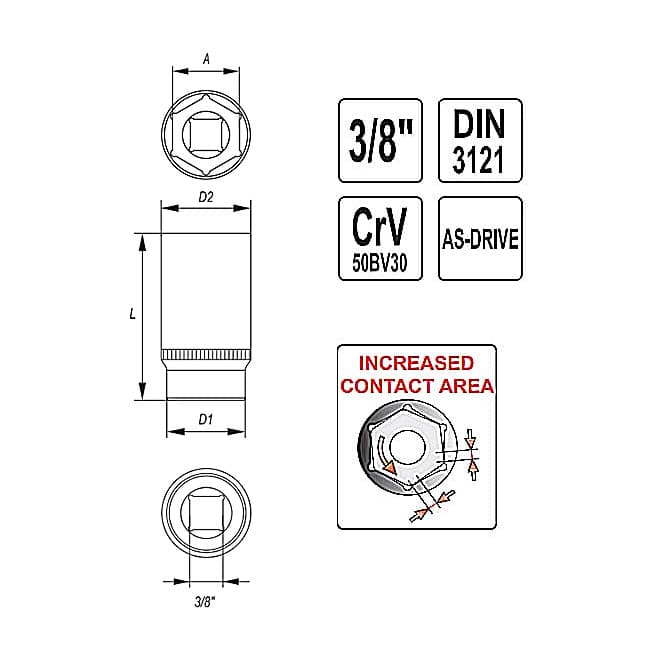 Yato 8 mm, 3/8 Inch Sq. Drive Hexagonal Deep Socket (6 Point), YT-3822