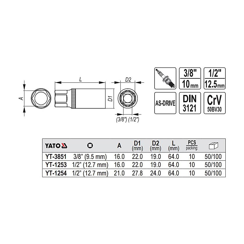 Yato 16 mm Spark Plug Socket (3/8 inch Sq.Drive), YT-3851