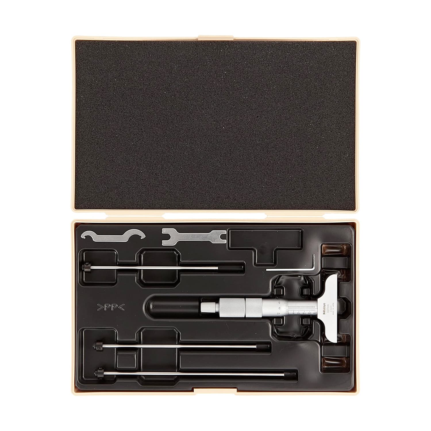 Mitutoyo 0 - 100 mm Depth Micrometer with Interchangeable Rods (63.5 mm Base Width), 129-111