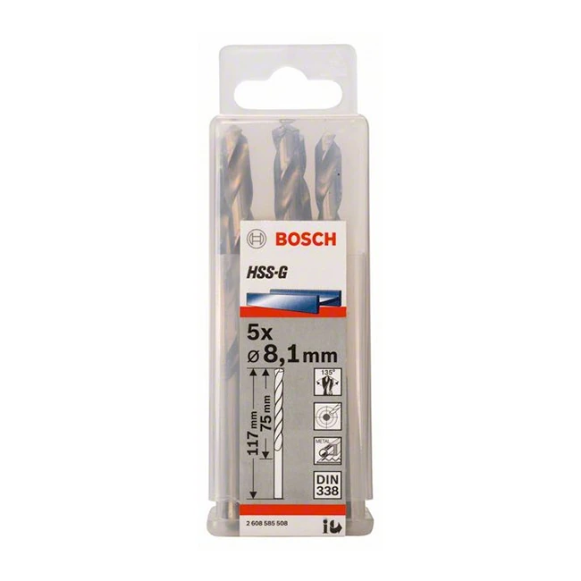Bosch 8.10 x 117 mm HSS Metal Drill Bits (Pack of 5 Pcs), 2 608 585 508