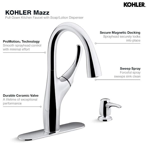 Kohler Mazz 2-Hole Kitchen Faucet With 15-1/2" Pulldown Spout & Soap Dispenser In Polished Chrome Finish, K-72511IN-SD-CP