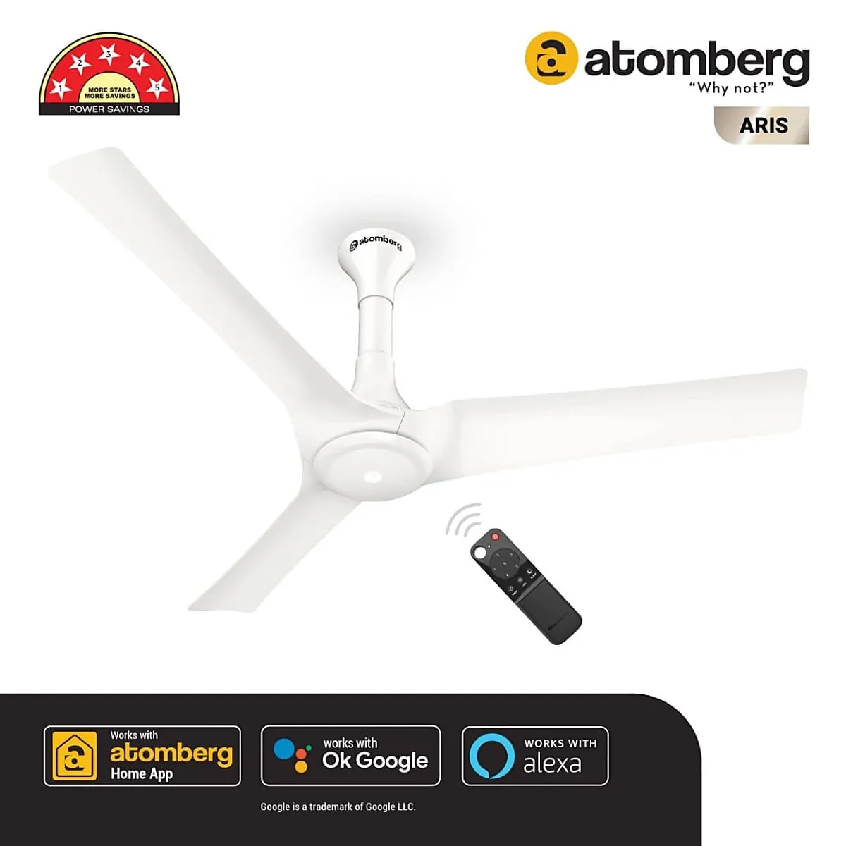 Atomberg Aris 1200 mm Noiseless Smart Ceiling Fan For Home With IoT & Remote Sleek Design High Air Delivery BLDC Fan (White)
