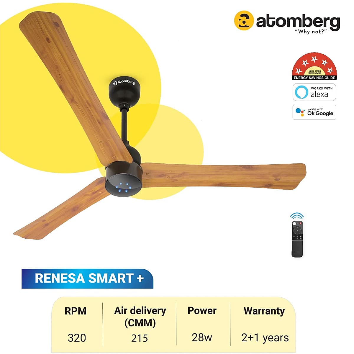 Atomberg Renesa Smart+ 1200 mm IOT enabled Ceiling Fans with BLDC Motor and Remote (Golden Oakwood)