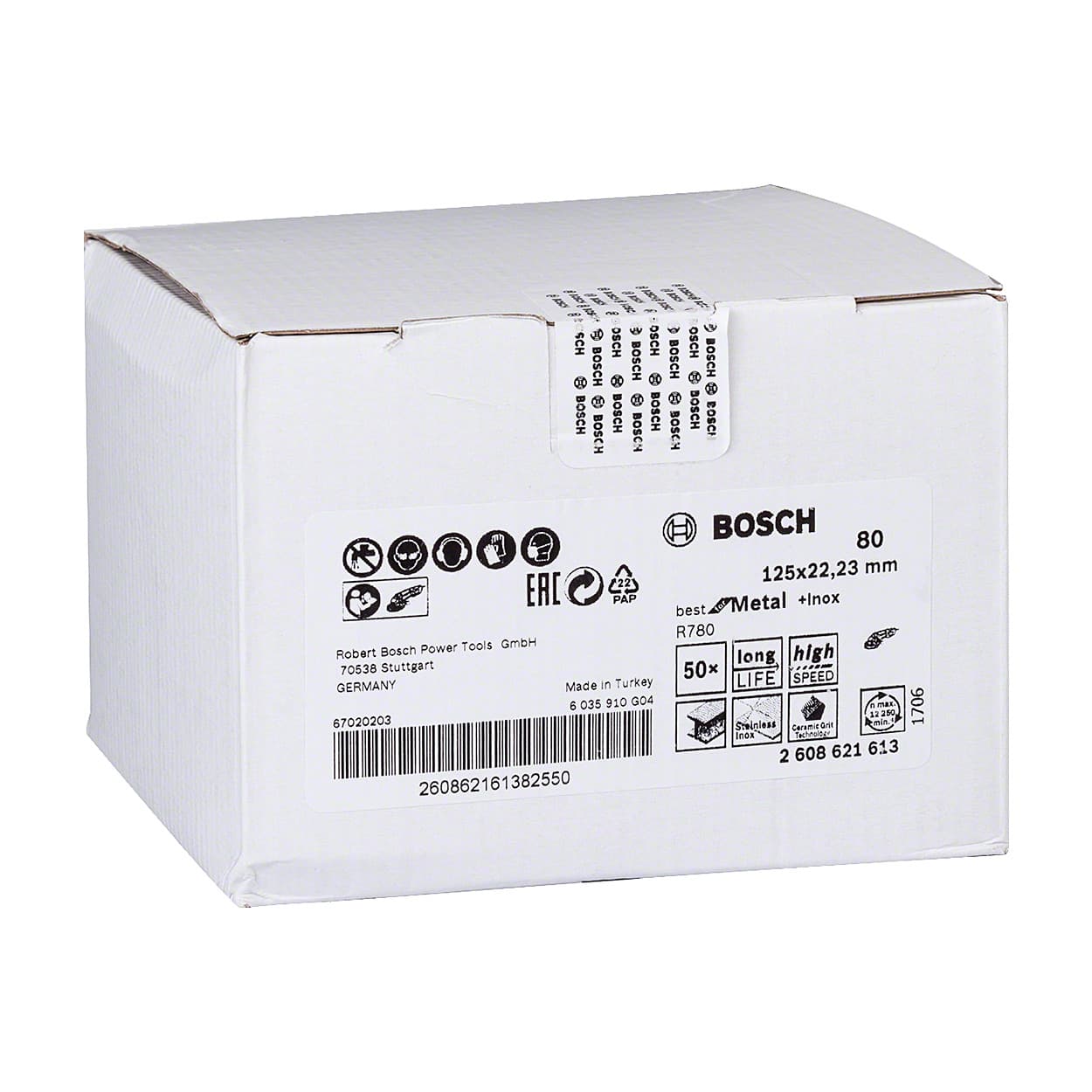 Bosch 125 mm / 80 Grit R780 Ceramic Fibre Sanding Discs Best For Metal & Inox (Pack of 50 Pcs), 2 608 621 613