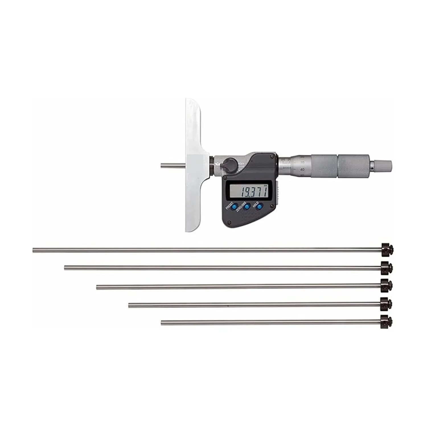 Mitutoyo 0 - 150 mm Digital Depth Micrometer with 6 Pcs Interchangeable Rods (101.6 mm Base Width), 329-250-30