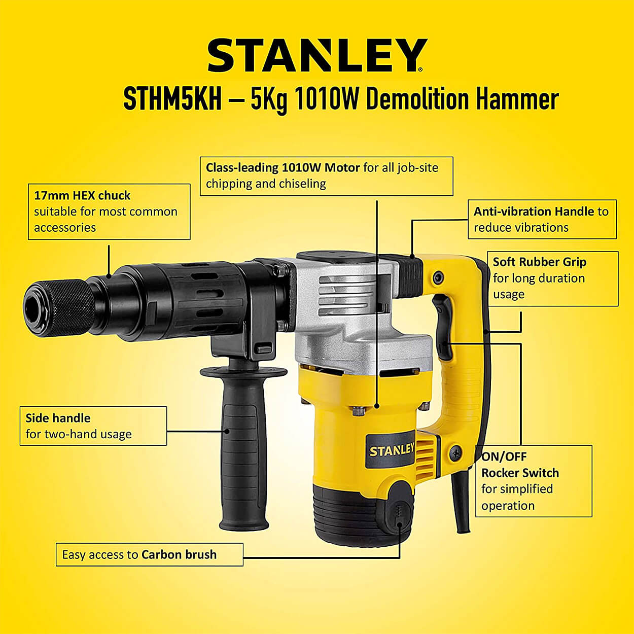 Stanley 1010W 5Kg Hex Corded Chipping Hammer With Kitbox, STHM5KH-IN