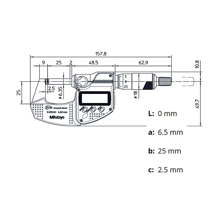 Mitutoyo 0 - 25 mm Digital Micrometer With Ratched Stop & SPC Data Output (IP65 Coolant-Proof), 293-230-30