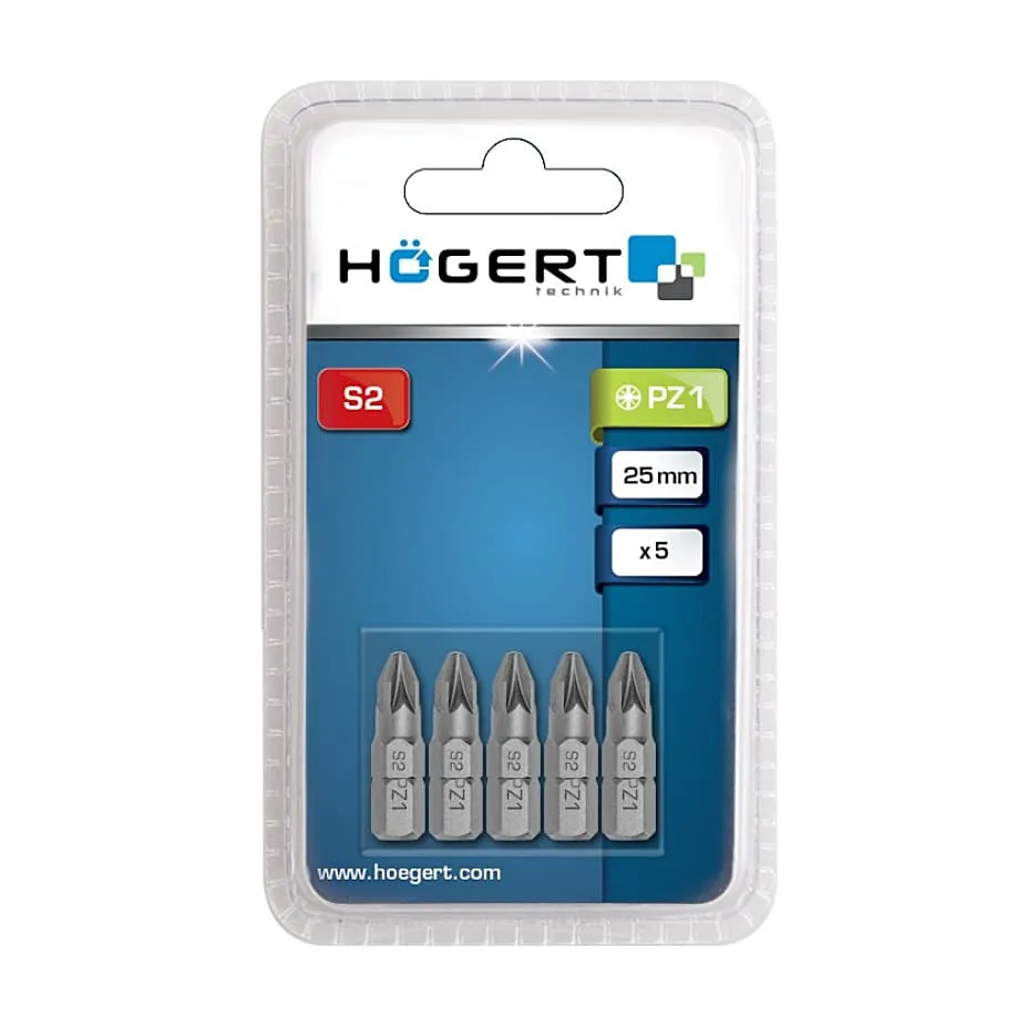 Hogert PZ1 x 25 mm Length Pozidriv Screwdriver Bits (Pack of 5 Pcs), HT1S314