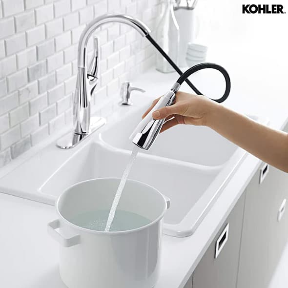 Kohler Mazz 2-Hole Kitchen Faucet With 15-1/2" Pulldown Spout & Soap Dispenser In Polished Chrome Finish, K-72511IN-SD-CP