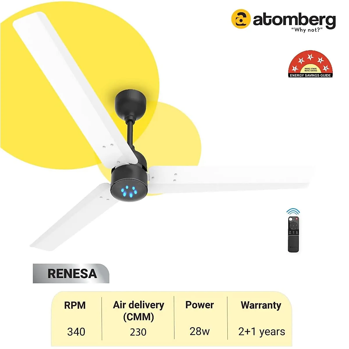 Atomberg Renesa 1200 mm Energy Efficient Ceiling Fan With BLDC Motor & Remote (White & Black)