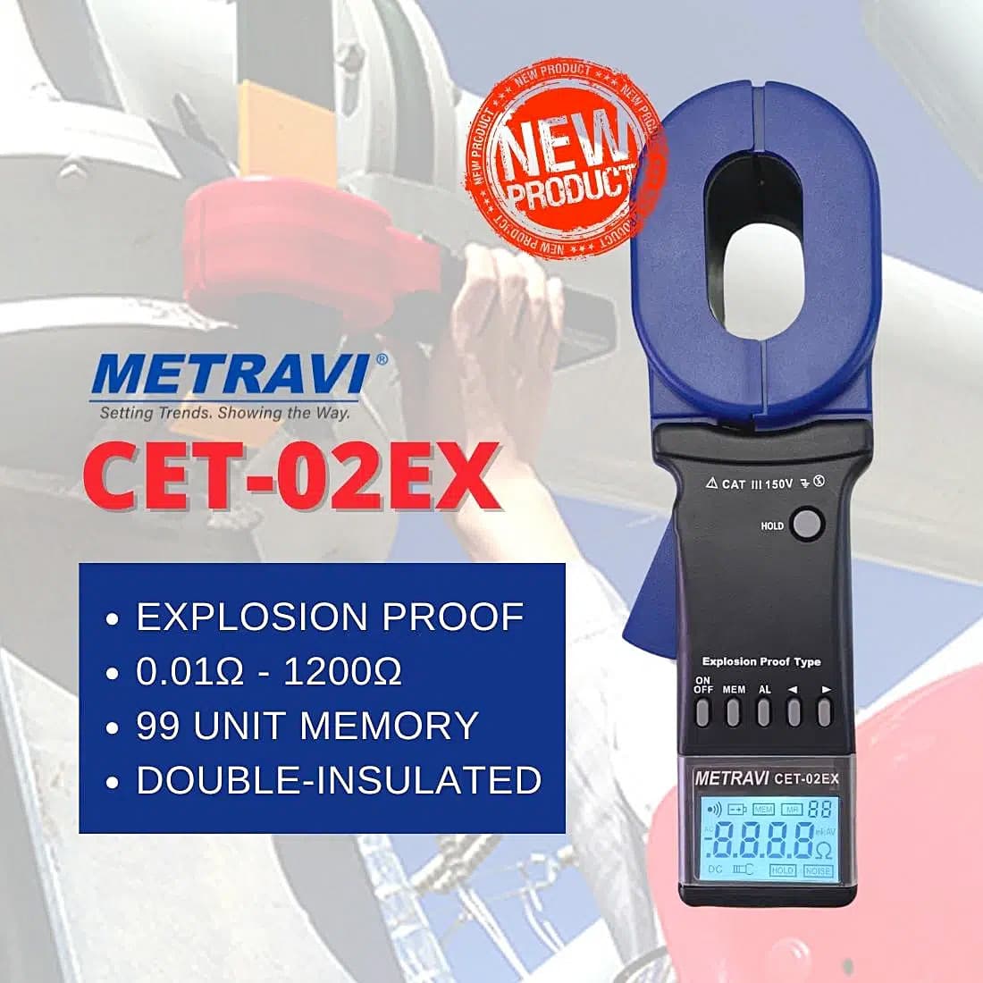 Metravi 4 Digits / 0.01Ohm - 1200Ohm Resistance Range Explosion Proof Clamp On Ground Resistance Tester With Long Elliptical Jaw, CET-02EX
