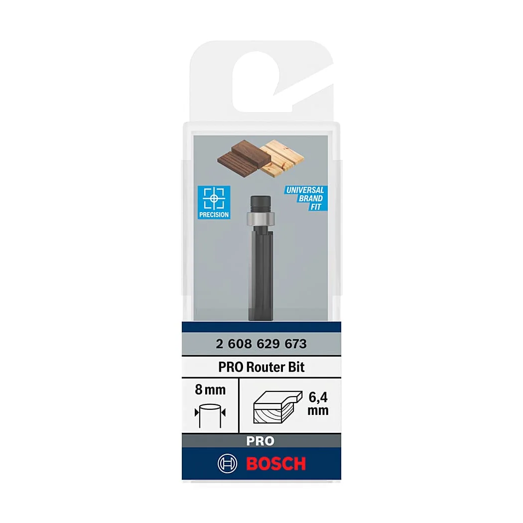Bosch 6.4 mm Pro Router Bit (Bottom Bearing Flush Trim Bit 2 Flute), 2 608 629 673