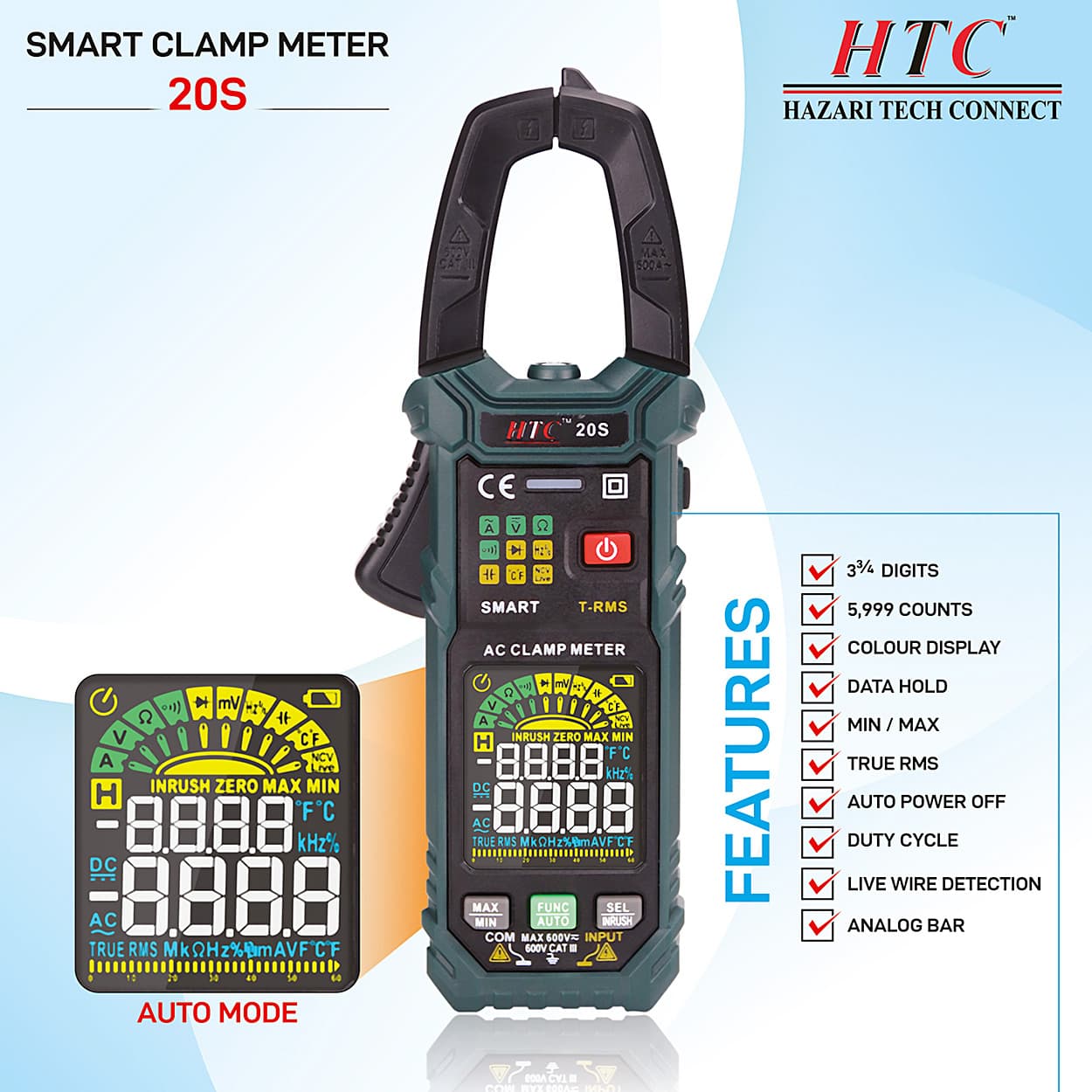 HTC 3-3/4 Digit / 6000 Counts AC Smart Clamp Meter, 20-S