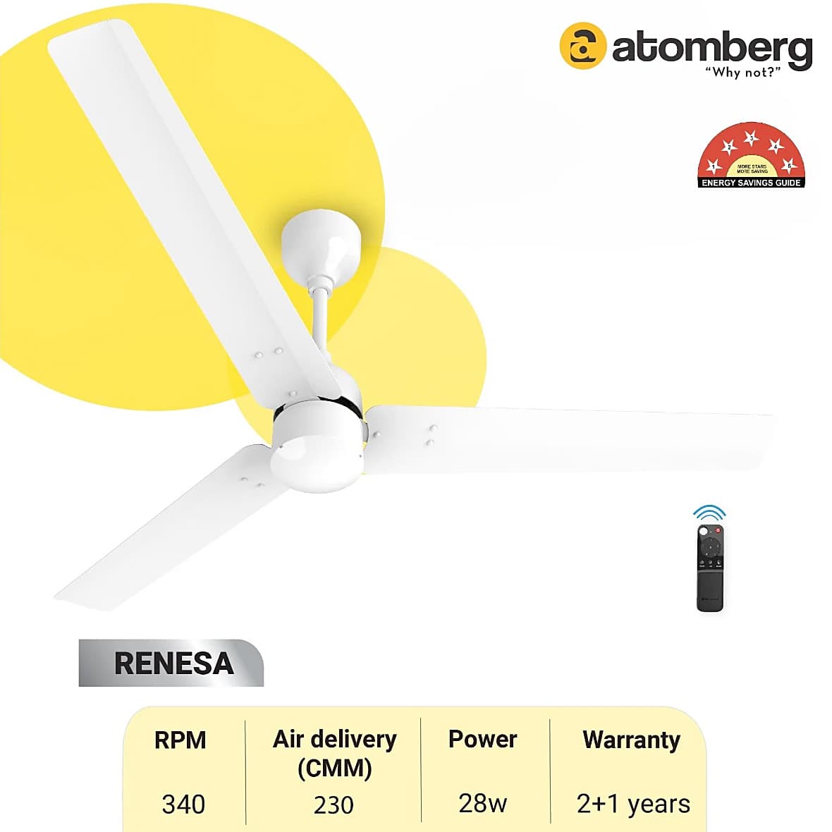 Atomberg Renesa 1200 mm Energy Efficient Ceiling Fan With BLDC Motor & Remote (White)