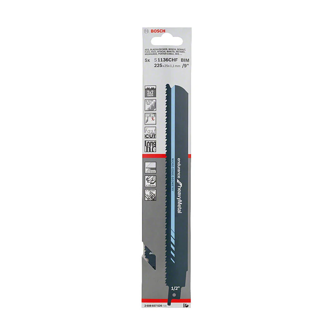 Bosch 225 mm Reciprocating Saw Blades Endurance for Heavy Metal (S 1136 CHF), 2 608 657 526