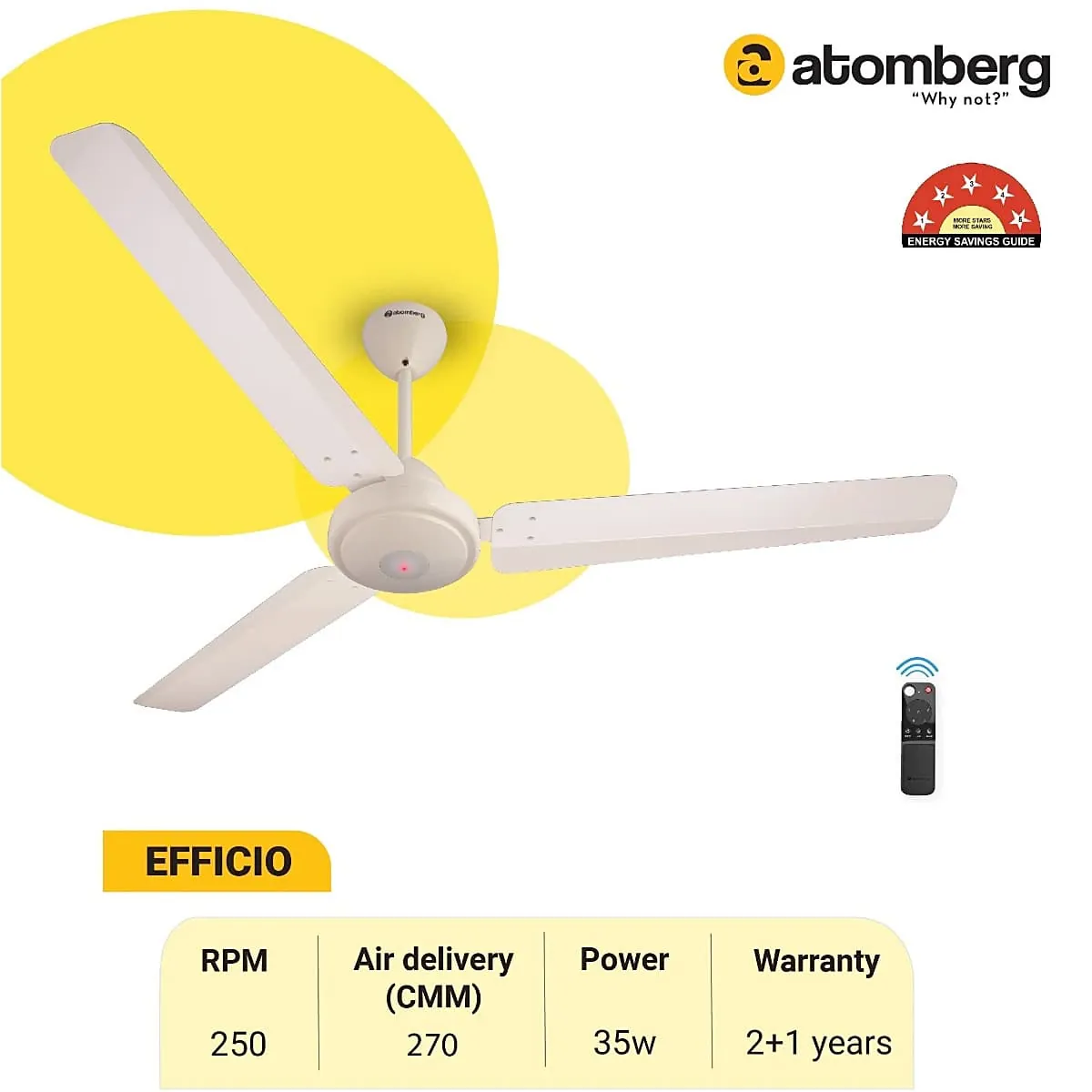Atomberg Efficio 1400 mm Energy Efficient Ceiling Fan With BLDC Motor & Remote (Ivory)