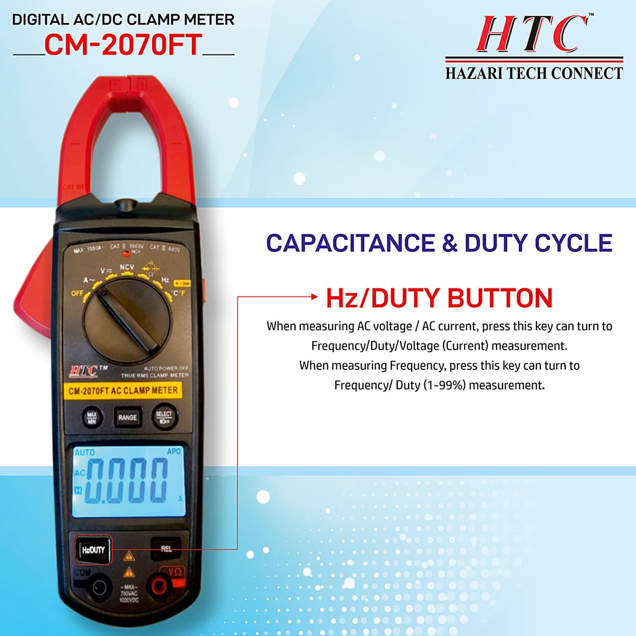 HTC 3-3/4 Digit / 1000A AC Clamp Meter With Backlight (True RMS), CM-2070FT