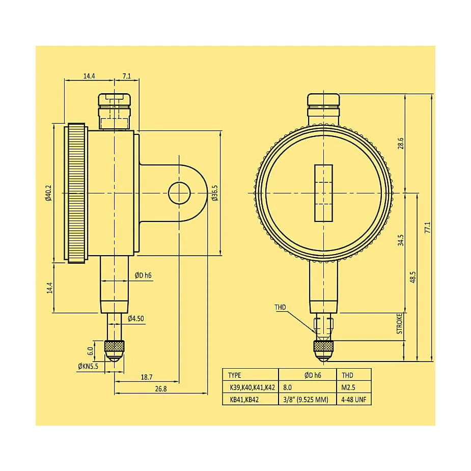 Baker 0.25 inch Mechanical Plunger Type Dial Gauge (Model 40), K43