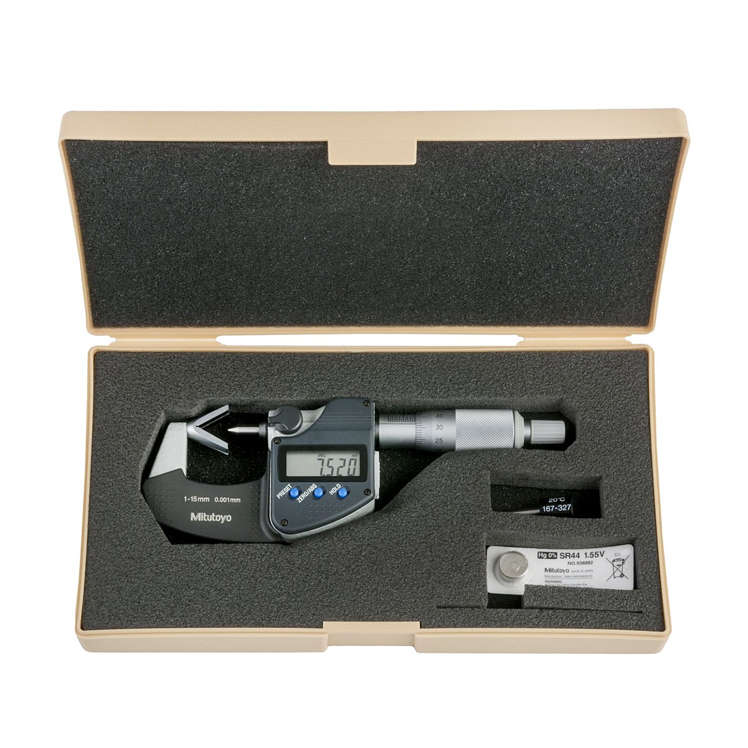 Mitutoyo 1 - 15 mm Digital V-Anvil Micrometer with Groove (3 Flute), 314-251-30