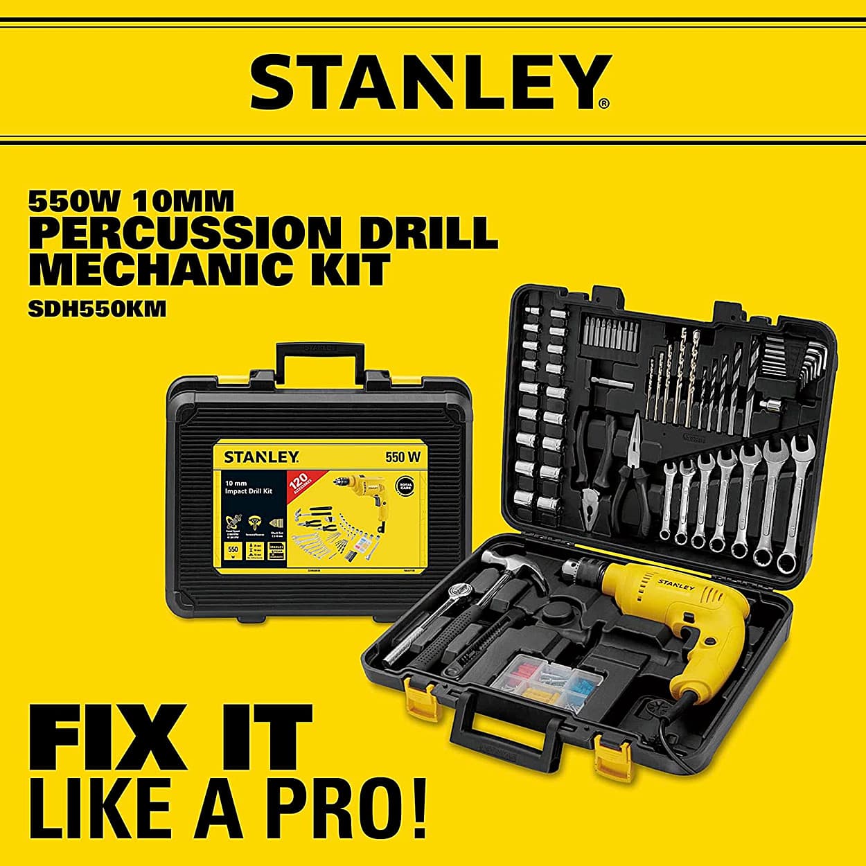 Stanley 10 mm / 550W DIY Drill Machine With 120 Pcs Mechanical Toolkit For Home & Professional Use, SDH550KM-IN