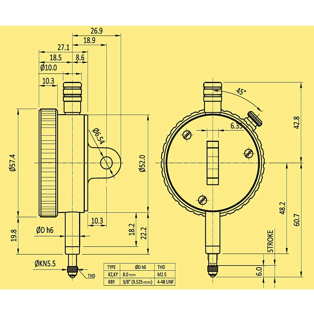 Baker 0.8 mm One Revolution Mechanical Plunger Type Dial Gauge (Model 56), KZ