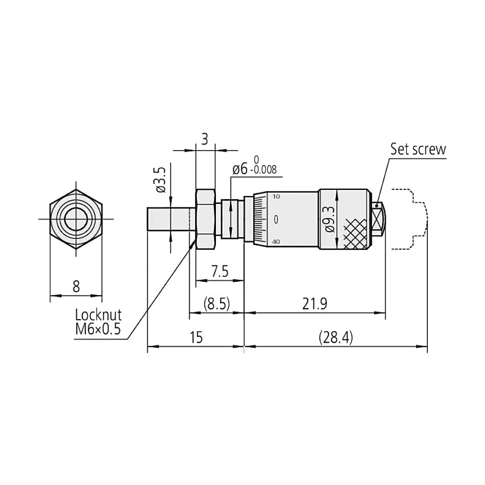 Mitutoyo 0 - 6.5 mm Miniature Micrometer Head with Clamp Nut (Flat), 148-203-10