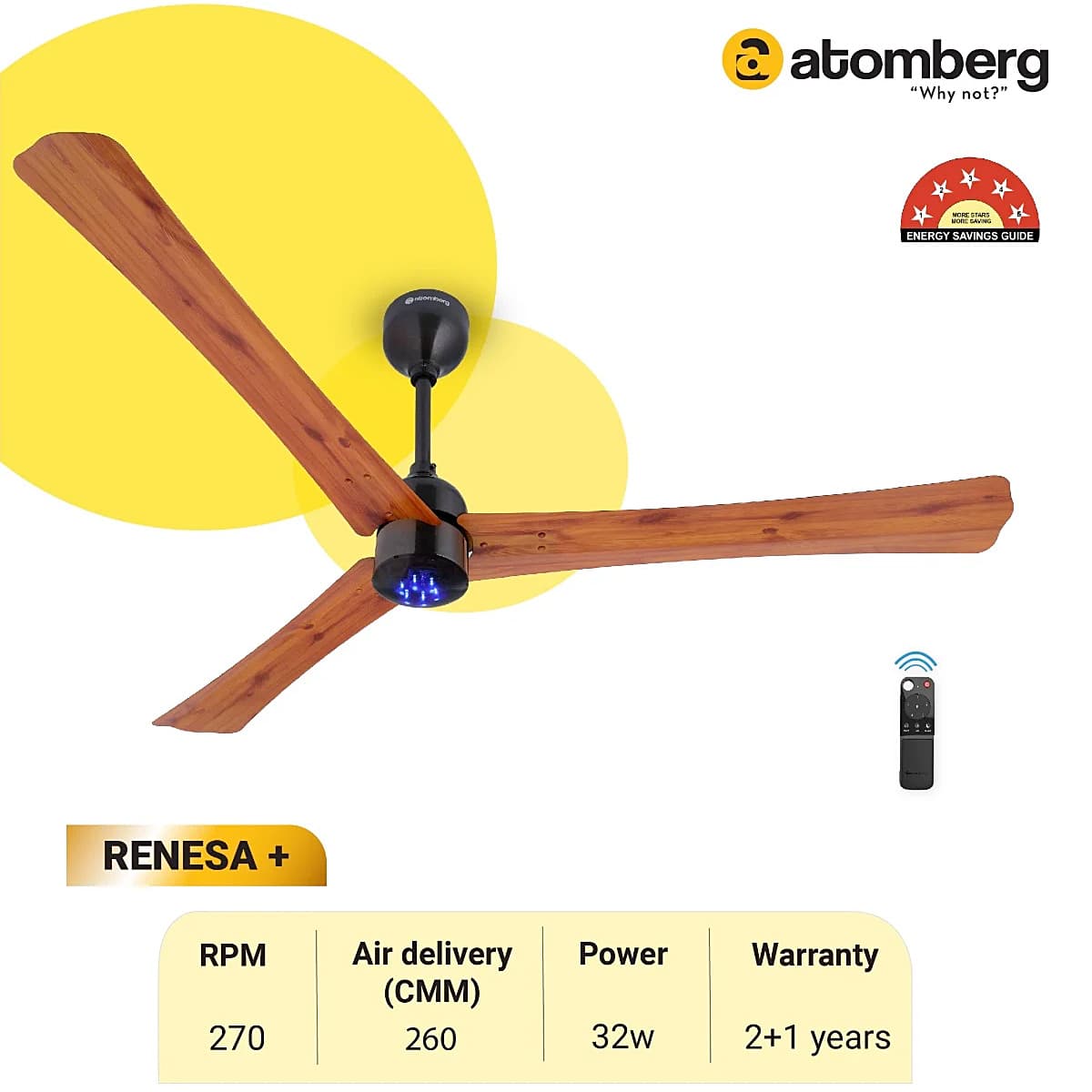 Atomberg Renesa+ 1400 mm Energy Efficient Dust Resistant Ceiling Fan with BLDC Motor and Remote (Golden Oakwood)