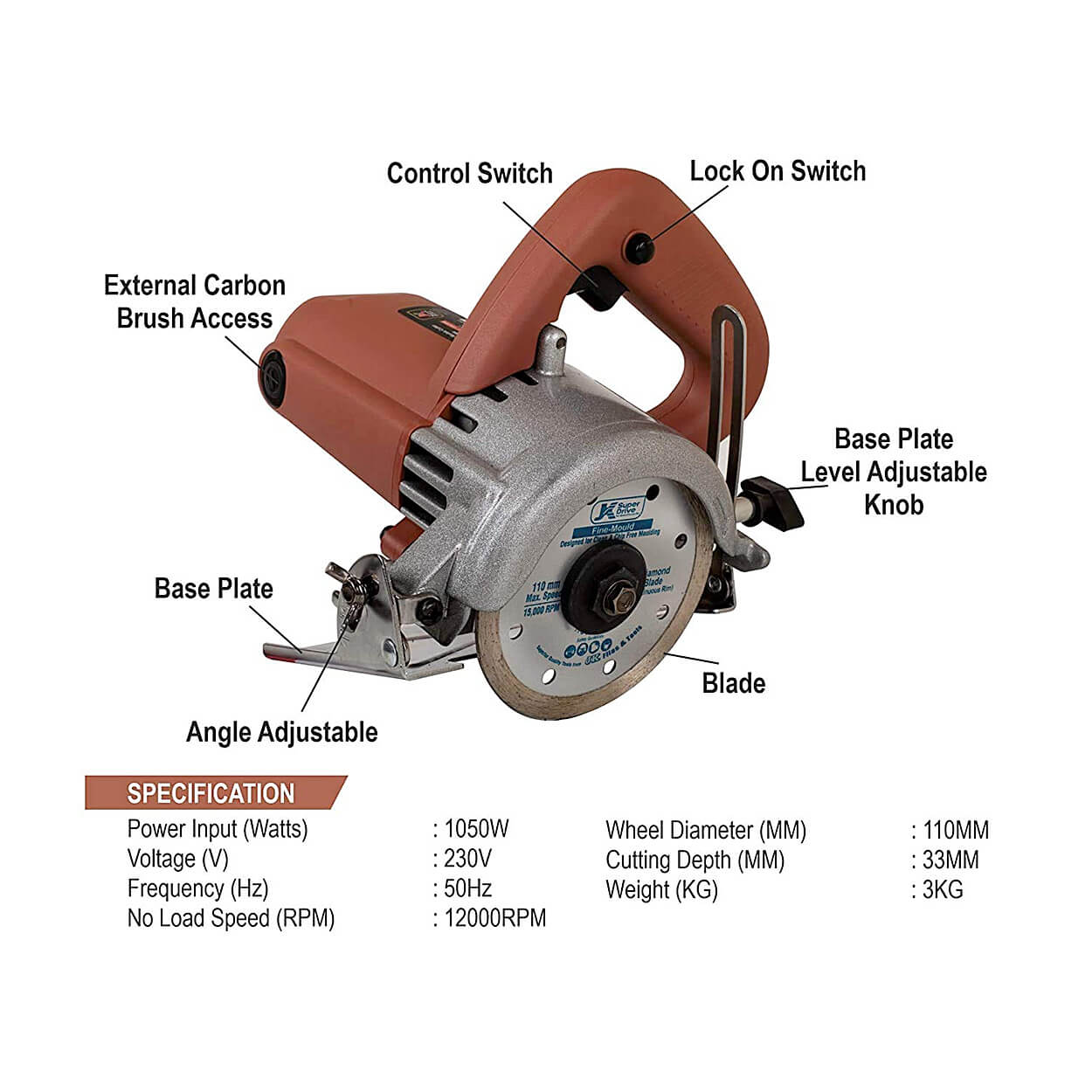 JK Super Drive 110mm / 4 Inch 1050W Marble Cutter, JKCM4N, 9005082
