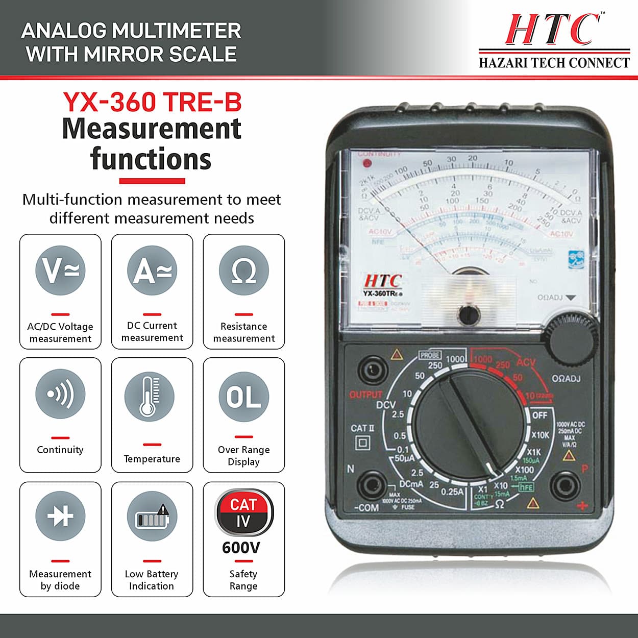 HTC 0.1mV - 1000V Analog Multimeter With Mirror Scale, 360 TREB
