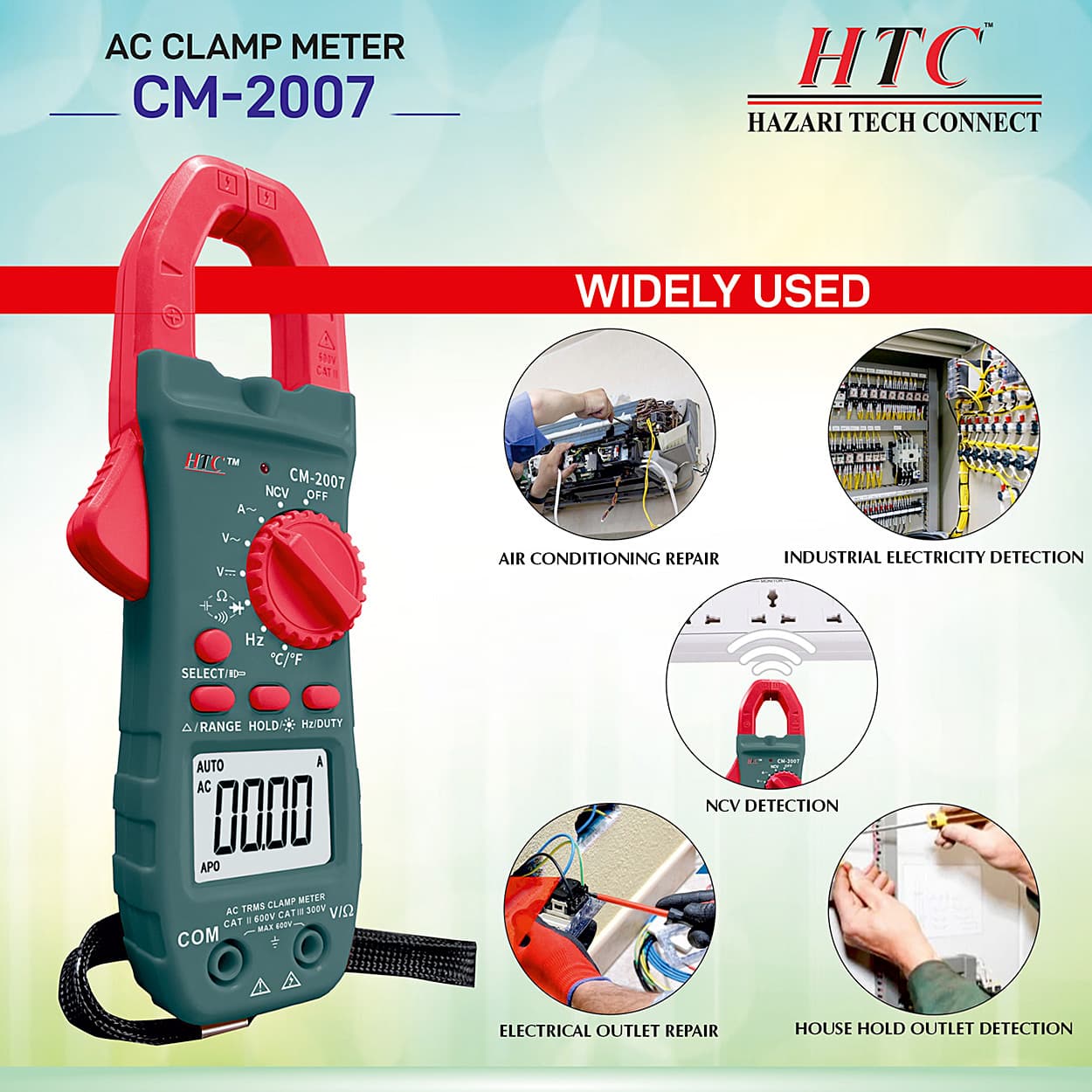 HTC 3-3/4 Digit / 600A AC Clamp Meter With Clamp Torch (True RMS), CM-2007