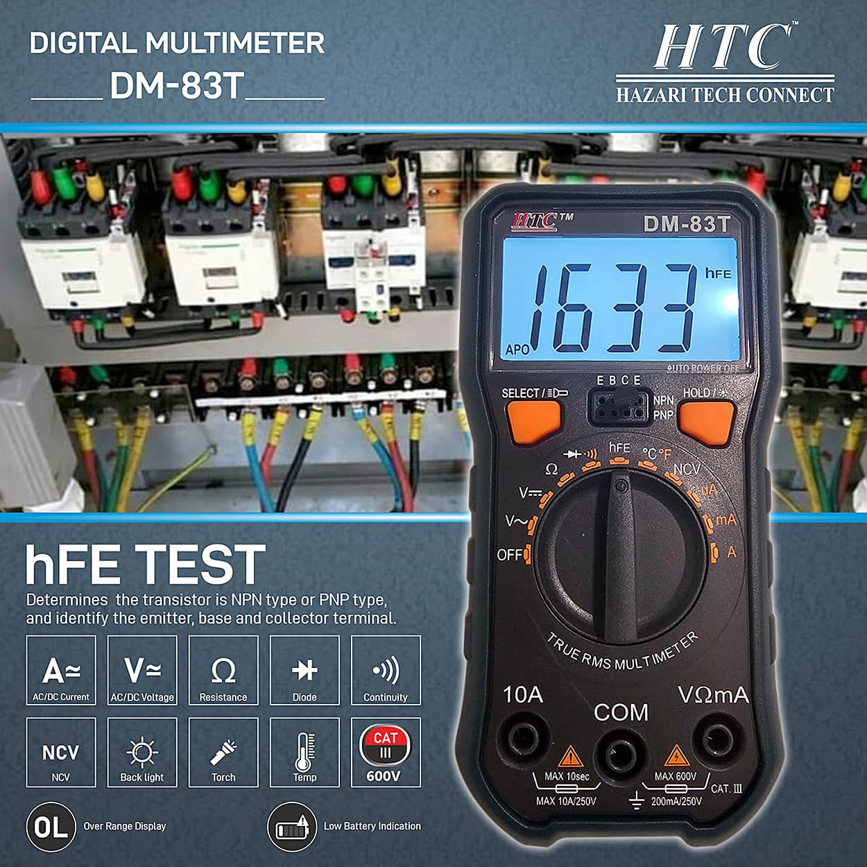 HTC 3-1/2 Digit / 1999 Count True RMS Digital Multimeter With Backlight & Torch Function, DM-83T