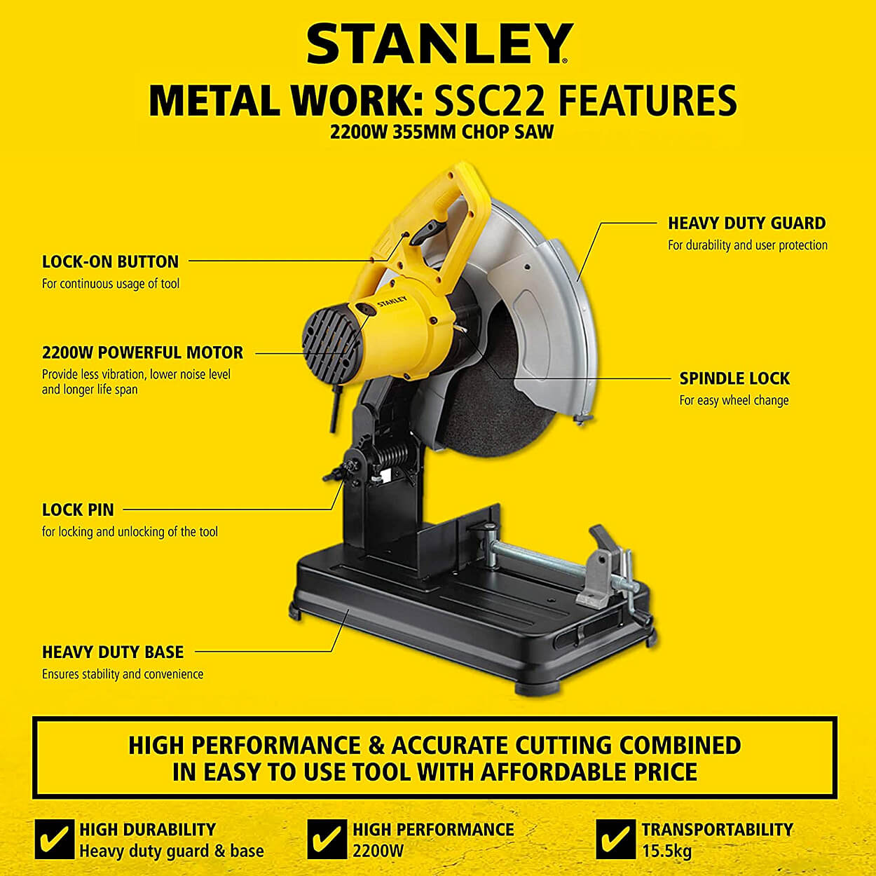 Stanley 355mm 2200W Corded Electric Chop Saw With Saw Wheel, SSC22-IN