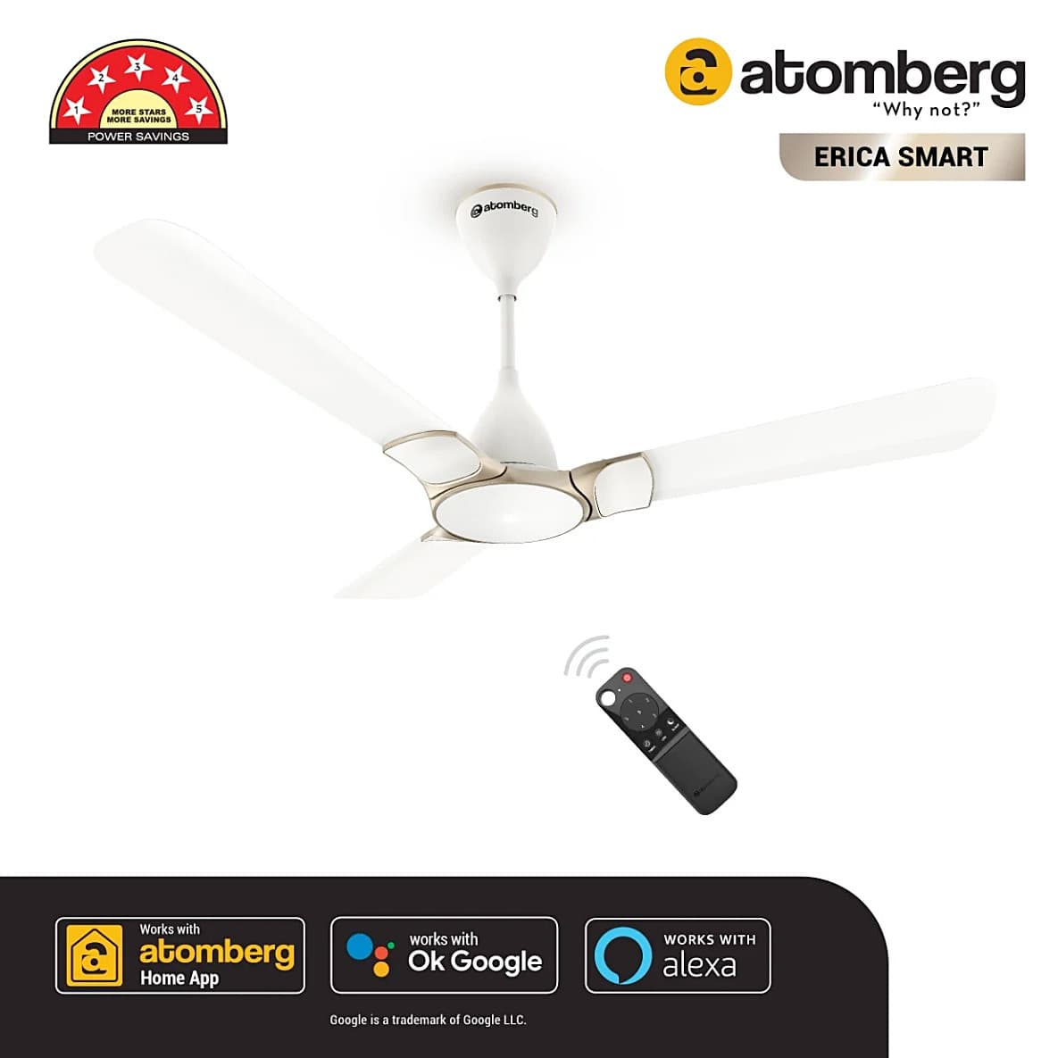 Atomberg Erica 1200 mm Smart Ceiling Fans With BLDC Motor & Remote (White)