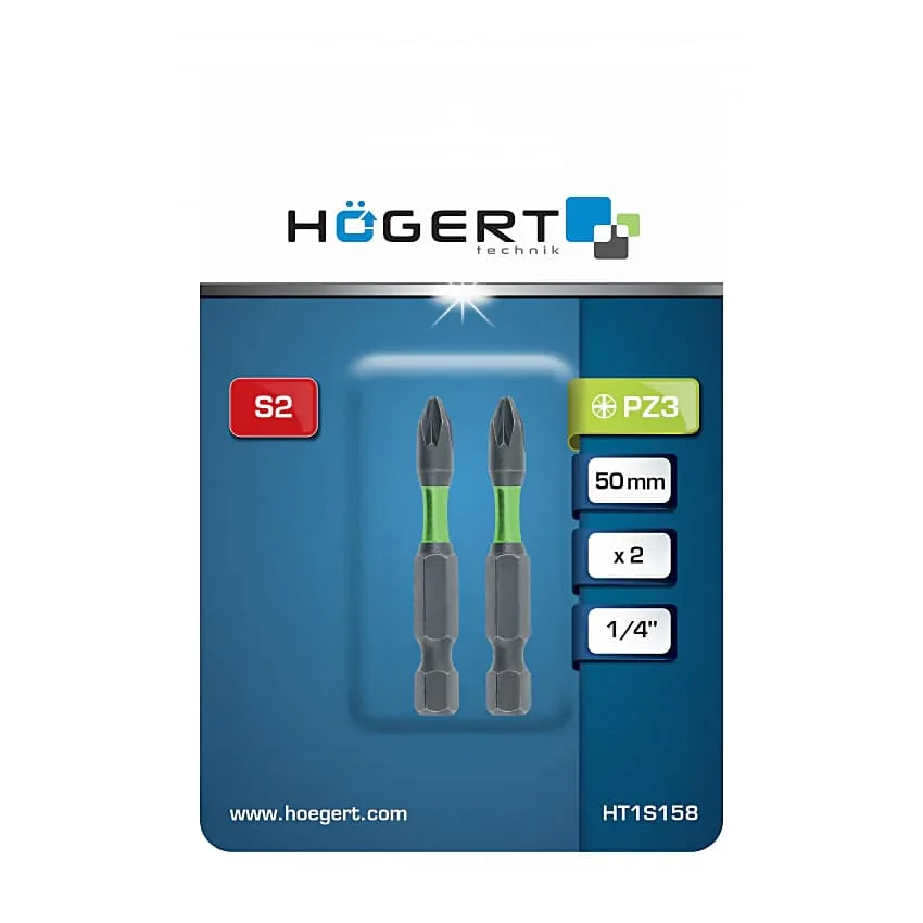 Hogert PZ0 x 50 mm Length Pozidrive Power Screwdriver Bits (Pack of 2 Pcs), HT1S155