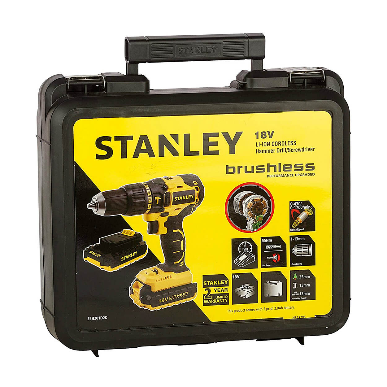 Stanley 18V / 2.0 Ah / 13mm Li-ion Cordless Brushless Hammer Drill Kit With 2 Batteries & Charger, SBH201D2K