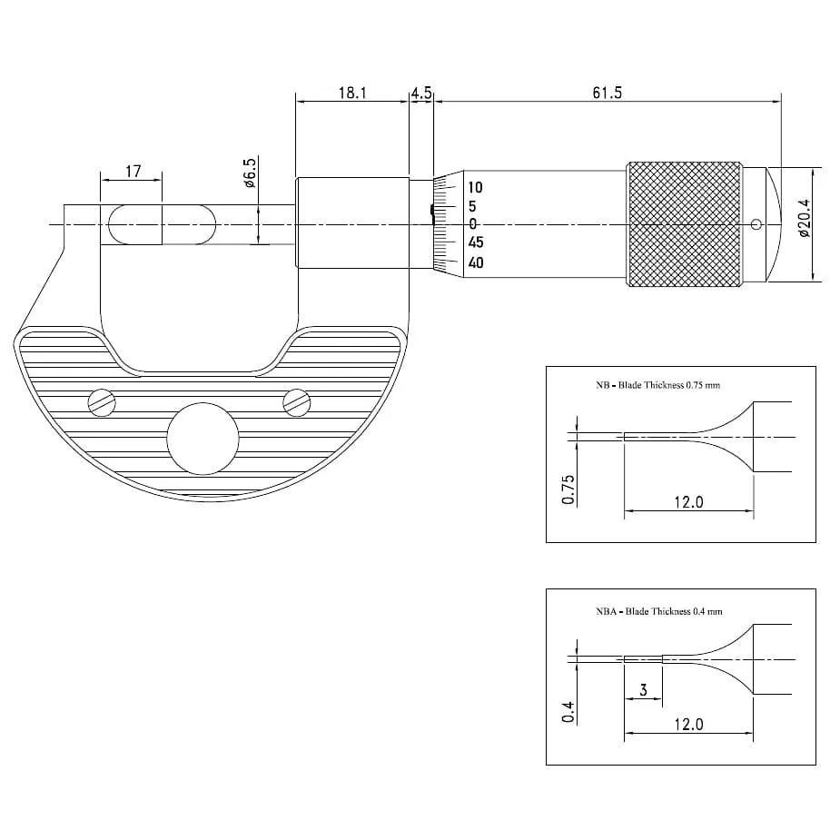 Baker 7 - 8 inch External Blade Micrometer (Blade Thickness 0.75 mm), INC8 - NB