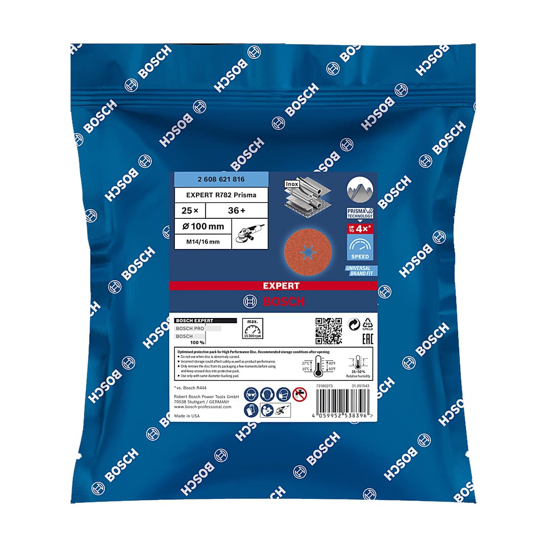 Bosch 100 mm / 120 Grit EXPERT R782 Prisma Fibre Disc For Small Angle Grinders (Pack of 25 Pcs), 2 608 621 819