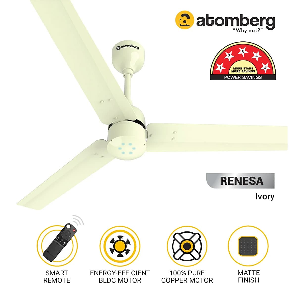 Atomberg Renesa 1200 mm Energy Efficient Ceiling Fan With BLDC Motor & Remote (Ivory)
