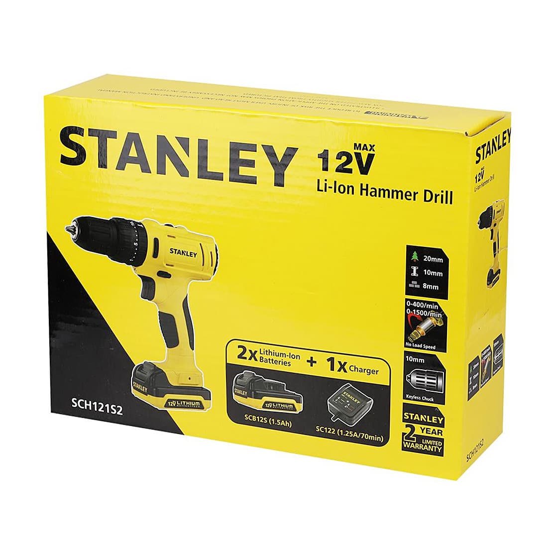 Stanley 12V / 1.5 Ah / 10 mm Cordless Hammer Drill Driver With 2 Batteries & Charger, SCH121S2-B1