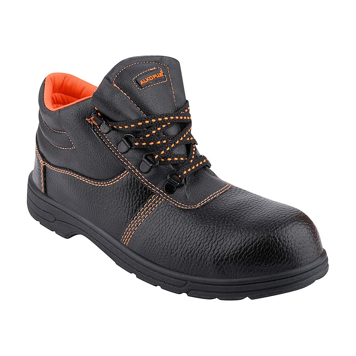 Alko Plus High Ankle Synthetic Leather Safety Shoe with Single Colour PVC Sole - Composite Toe (Black & Orange), APS T7