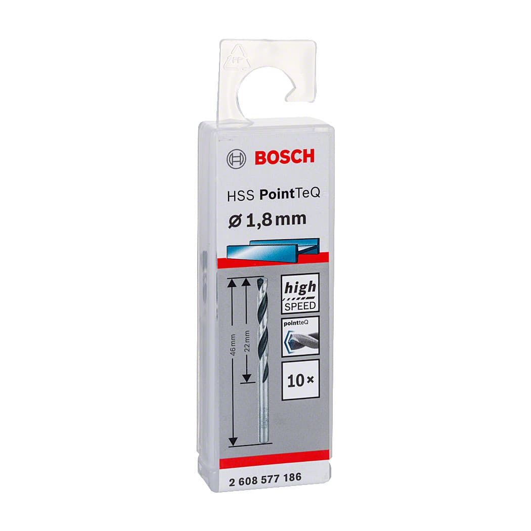 Bosch 1.80 mm HSS Metal Drill Bits PointTeQ Range (Pack of 10 Pcs), 2 608 577 186